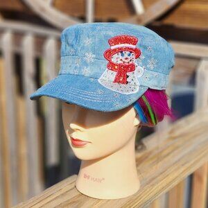 Ladies Blue Denim Snowman BLING Hat NEW